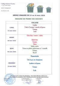 Menu de la cantine du 27 au 31 mars 2023
