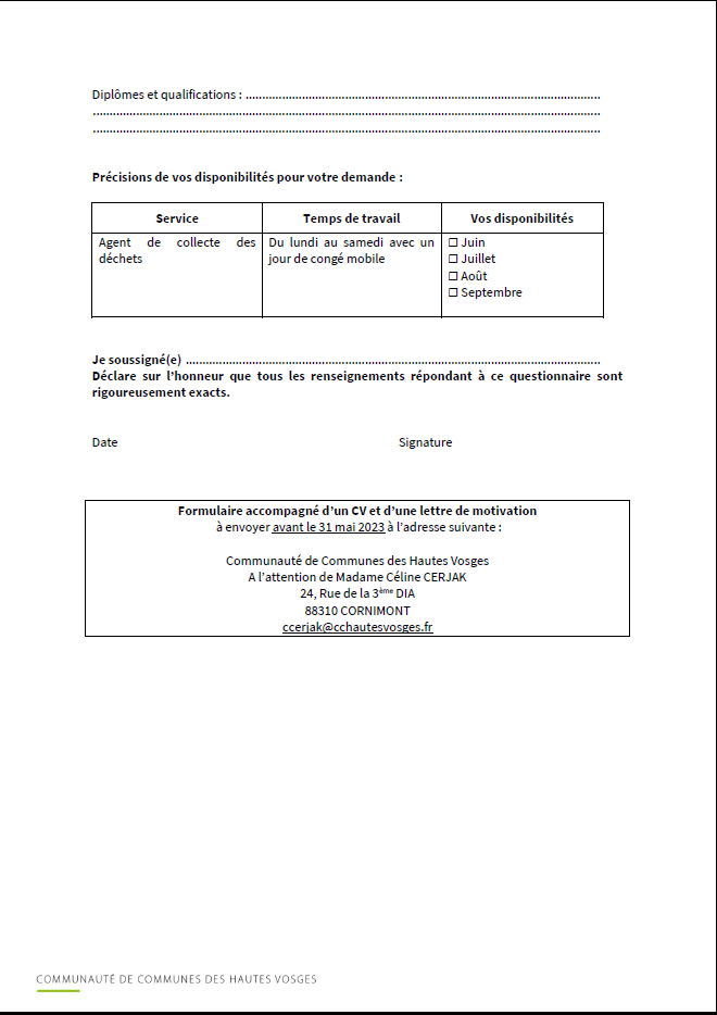 FORMULAIRE JOB D'ETE SUITE