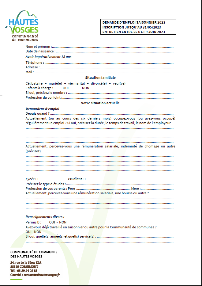 FORMULAIRE JOB D'ETE