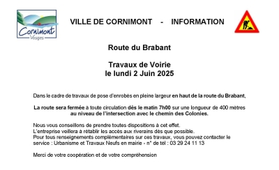 Infos travaux route du Brabant coupée en partie le 2 juin
